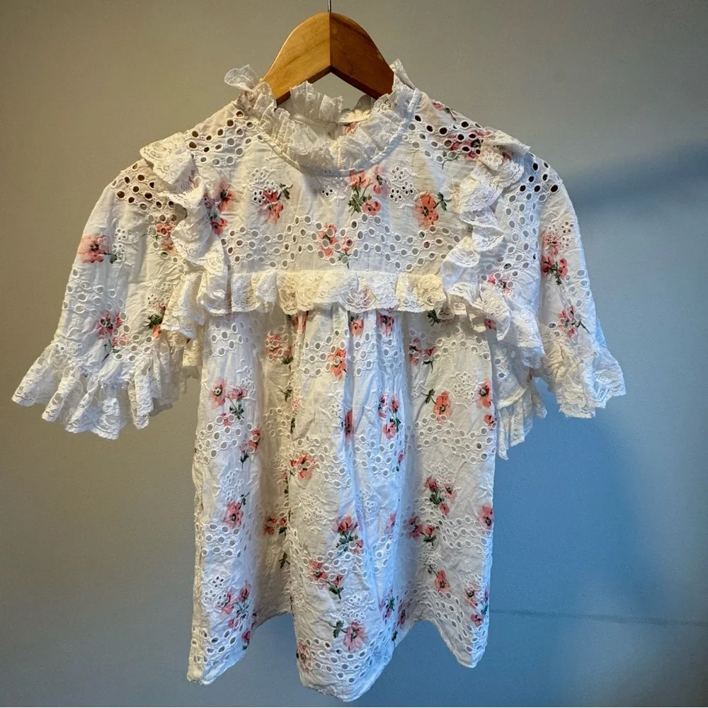 Needle & Thread Desert Rose Embroidered Ruffle Lace Lined Blouse US Size 0 - Picture 2 of 14